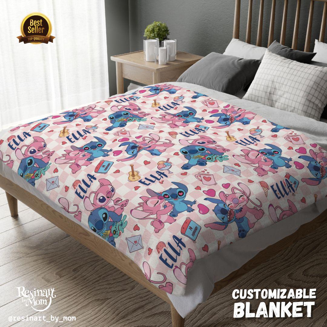 Discover Personalized Kids Name Fleece Blanket with Stitch and Angel