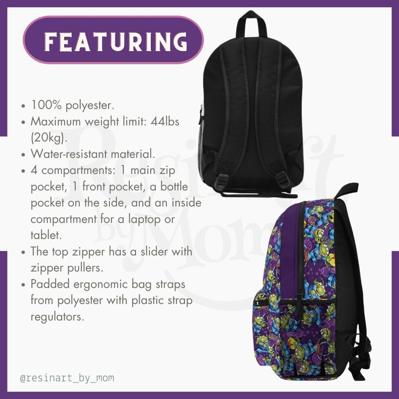 May include: Black backpack with purple and green cartoon characters printed on the front. The backpack has a main compartment, a front pocket, a side pocket, and an inside compartment for a laptop or tablet. The backpack is made of water-resistant polyester and has padded ergonomic straps with plastic strap regulators. The maximum weight limit is 44 pounds (20 kilograms).