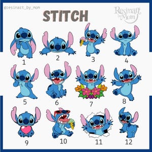 K&ouml;nnte beinhalten: Zw&ouml;lf verschiedene Bilder von Stitch, einem blauen Alien-Charakter aus dem Disney-Film Lilo & Stitch. Jedes Bild zeigt Stitch in einer anderen Pose oder mit einem anderen Ausdruck, darunter Stitch, der ein Herz h&auml;lt, Stitch, der eine Sonnenbrille tr&auml;gt, und Stitch, der ein Eis am Stiel h&auml;lt.