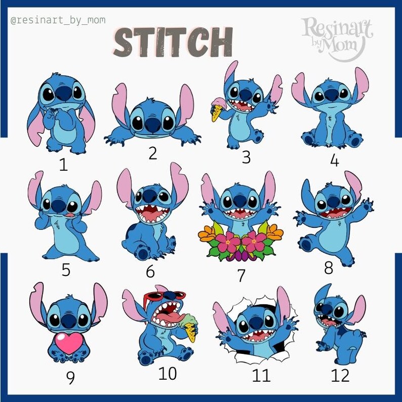 K&ouml;nnte beinhalten: Zw&ouml;lf verschiedene Bilder von Stitch, einem blauen Alien-Charakter aus dem Disney-Film Lilo & Stitch. Jedes Bild zeigt Stitch in einer anderen Pose oder mit einem anderen Ausdruck, darunter Stitch, der ein Herz h&auml;lt, Stitch, der eine Sonnenbrille tr&auml;gt, und Stitch, der ein Eis am Stiel h&auml;lt.