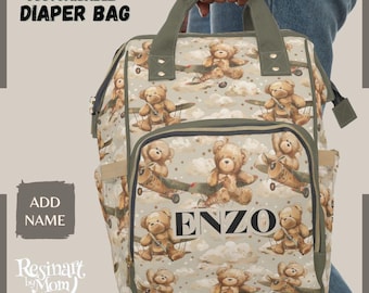 Teddybär-Windeltasche, personalisierter Babyrucksack, neutrales Babypartygeschenk