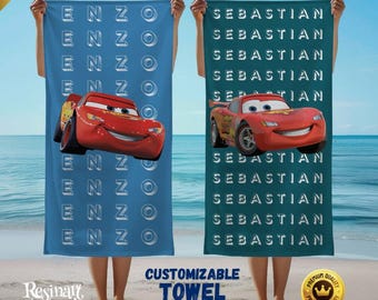 Toalla de playa personalizada de Disney Cars, toalla de verano con nombre personalizado