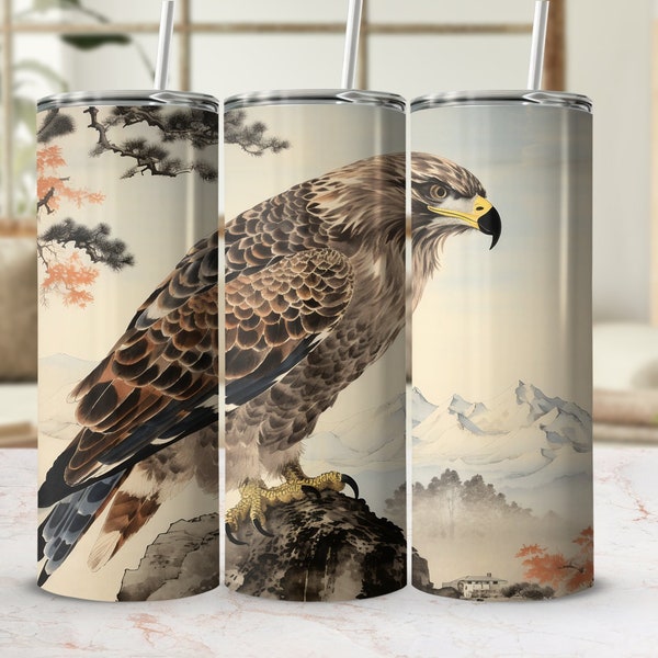 Majestic Eagle Digital Tumbler Wrap, Mountain Landscape, Vintage Bird Art, Japanese Style, High-Quality Print, Gift for Bird Lovers