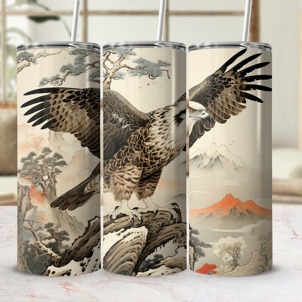 Vintage Japanese Eagle Art Tumbler Wrap, Majestic Bird Digital Print, Mountain Landscape Scenery, Unique Drinkware Accessory