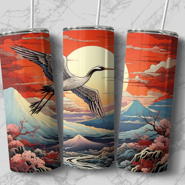 Japanese Crane Sunset Mountain Scenery Tumbler Design, Digital Vector Art, Instant Download, Red Sky, Asian-Inspired Nature Landscape