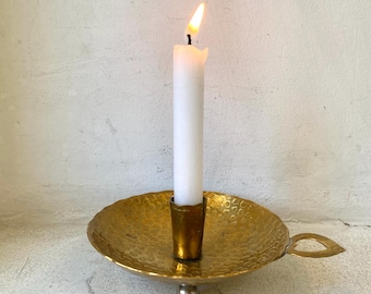 Vintage Brass Candlestick Holder: Embossed Texture, Heart Handle