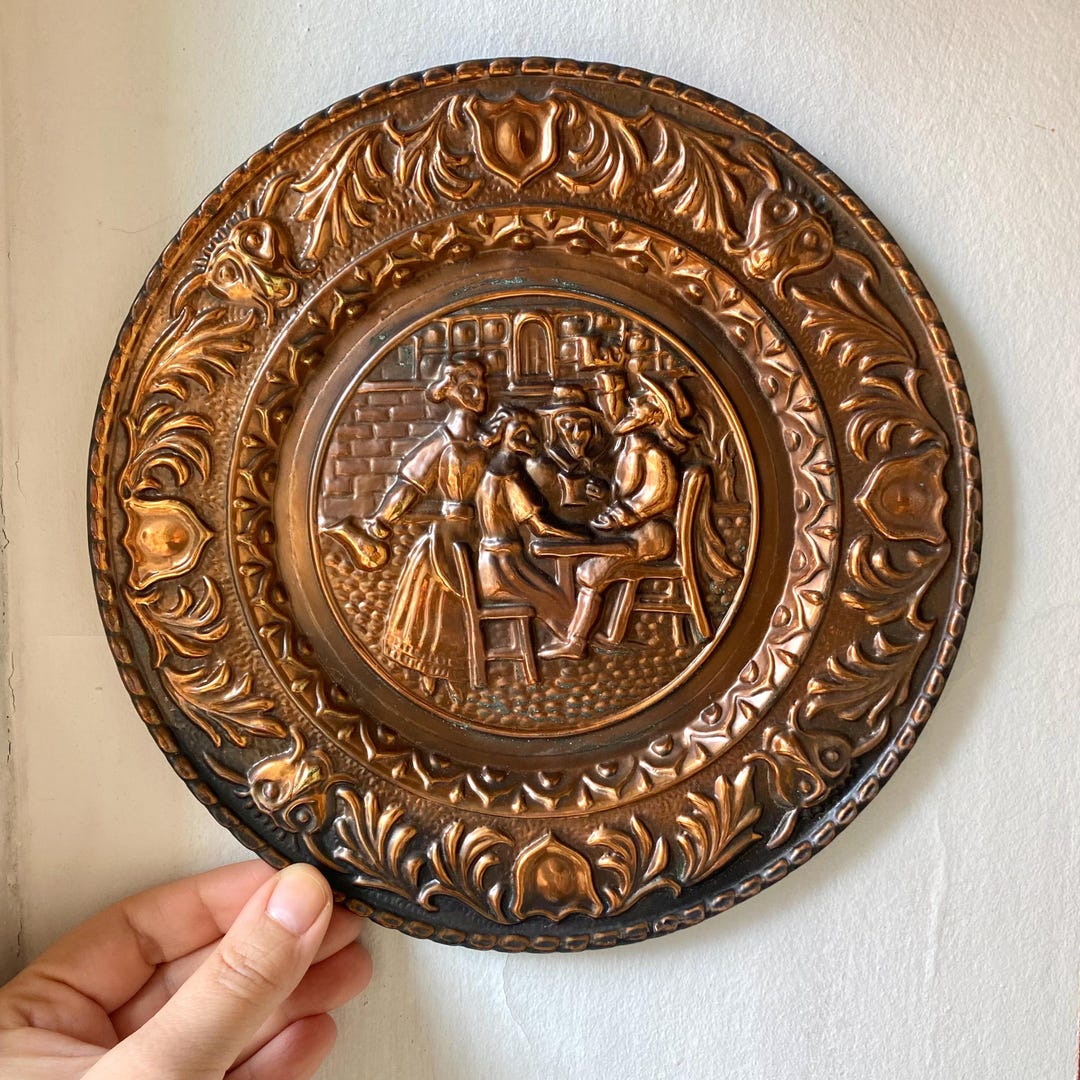 Vintage Copper Wall Plate: Hammered Tavern Scene, Rustic Kitchen