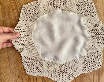 Vintage Handmade Linen Tablecloth: Lace Doily Cottagecore Decor