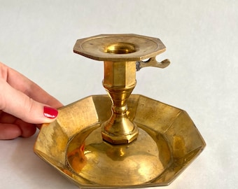 Vintage Brass Candlestick Holder: Large Chamberstick
