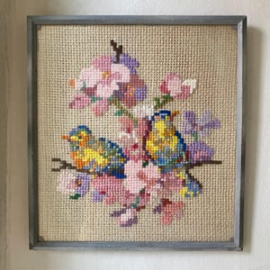 Vintage Framed Cross Stitch Art: Birds & Apple Blossoms