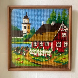 Vintage Framed Cross Stitch Art: Scandinavian Village Scene