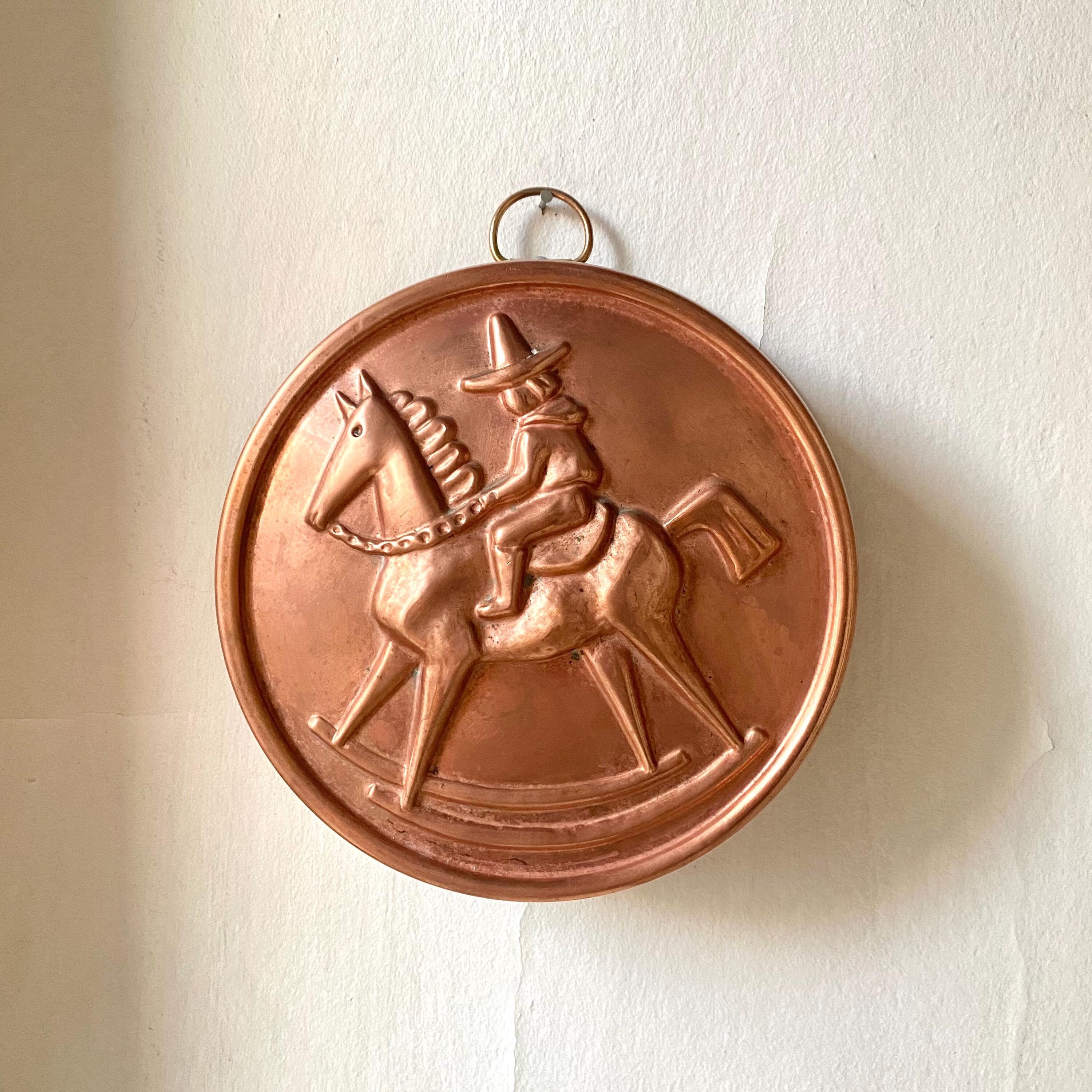 Vintage Swedish copper cake mould with boy on horse Copper pastry mold Decorative cake mould Lodge kitchen decor Rustic wall decor