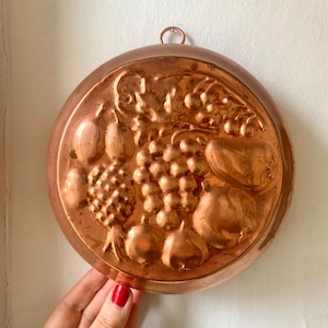 Vintage Copper Cake Mold: Embossed Fruit Design, Rustic Kitchen Wall Decor
