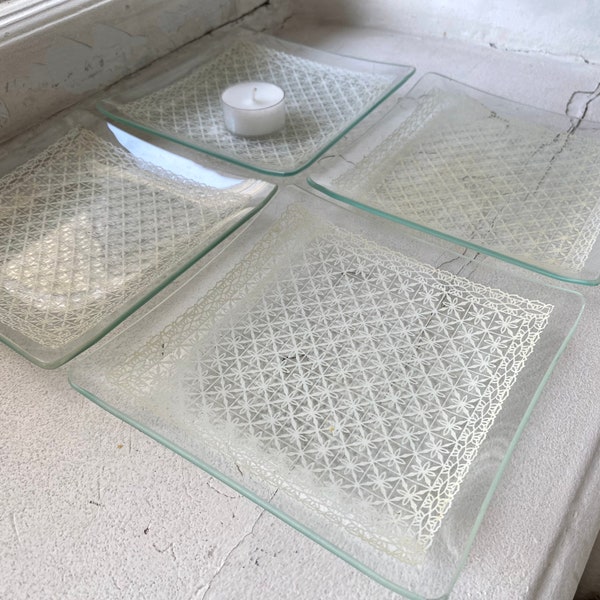 4 vintage glass plates with lace pattern Vintage clear glass dessert plates Vintage square glass plates Vintage trinket trays Bohemian decor