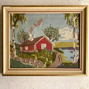 Vintage finished cross stitch wall art Countryside view cross stitch art Completed cross stitch Rustic grandmacore wall art Rustic wall art