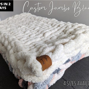 Jumbo Custom Handmade Knit Blanket, Personalized Blanket, Decorative Throw Blanket, Bed Runner, Super Bulky Jumbo 7, Chenille-style yarn.