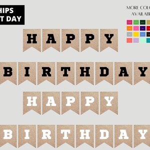 Puede incluir: Una pancarta de arpillera con las palabras "Happy Birthday" en letras negras y blancas. La pancarta est&aacute; hecha de una tela de arpillera natural y tiene un aspecto r&uacute;stico.