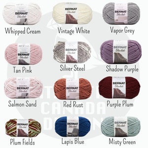 May include: Ten skeins of Bernat Blanket yarn in various colors, including Whipped Cream, Vintage White, Vapor Grey, Tan Pink, Silver Steel, Shadow Purple, Salmon Sand, Red Rust, Purple Plum, Plum Fields, Lapis Blue, and Misty Green.