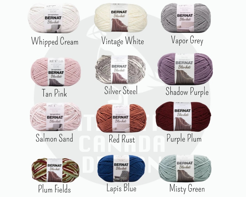 May include: Ten skeins of Bernat Blanket yarn in various colors, including Whipped Cream, Vintage White, Vapor Grey, Tan Pink, Silver Steel, Shadow Purple, Salmon Sand, Red Rust, Purple Plum, Plum Fields, Lapis Blue, and Misty Green.