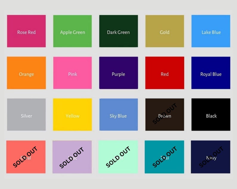 Puede incluir: Una carta de colores con 20 muestras de colores diferentes. Los colores incluyen rojo rosa, verde manzana, verde oscuro, dorado, azul lago, naranja, rosa, morado, rojo, azul real, plateado, amarillo, azul cielo, marr&oacute;n, negro, coral, lavanda, aguamarina, turquesa y azul marino.