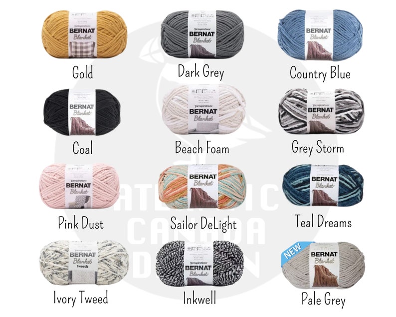 May include: A collection of yarn skeins in various colors, including gold, dark grey, country blue, coal, beach foam, grey storm, pink dust, sailor delight, teal dreams, ivory tweed, inkwell, and pale grey. Each skein features the Bernat Blanket brand label.