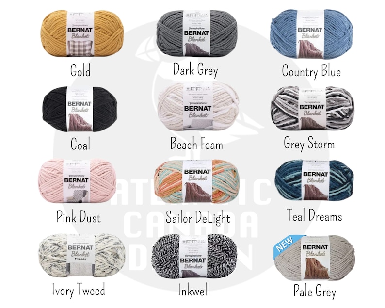 May include: A collection of yarn skeins in various colors, including gold, dark grey, country blue, coal, beach foam, grey storm, pink dust, sailor delight, teal dreams, ivory tweed, inkwell, and pale grey. Each skein features the Bernat Blanket brand label.