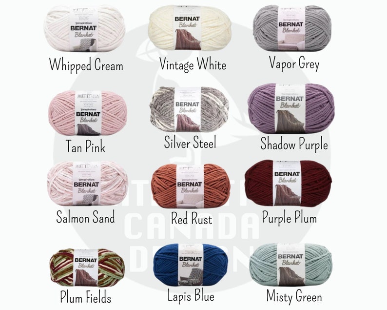 May include: Ten skeins of Bernat Blanket yarn in various colors, including Whipped Cream, Vintage White, Vapor Grey, Tan Pink, Silver Steel, Shadow Purple, Salmon Sand, Red Rust, Purple Plum, Plum Fields, Lapis Blue, and Misty Green.