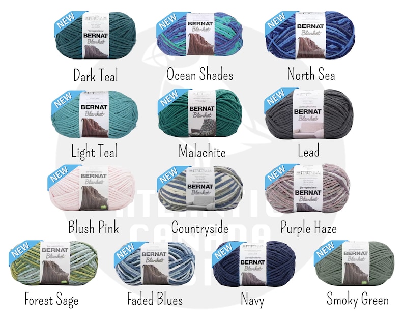 May include: Assortment of Bernat Blanket yarn in various colors, including teal, green, blue, pink, and gray. Each skein is labeled "NEW" and features the Bernat Blanket logo.