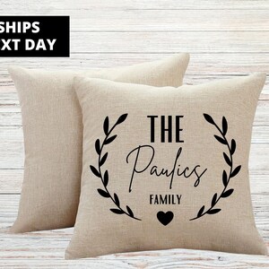 Custom Family Name Cushion Cover, Canvas Cushion Case, Personalized Pillow, Housewarming Gift, Natural Cushion Cover