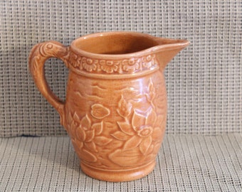 McCoy Water Lily Pitcher Fish Handle Pottery Vintage Brush Stoneware