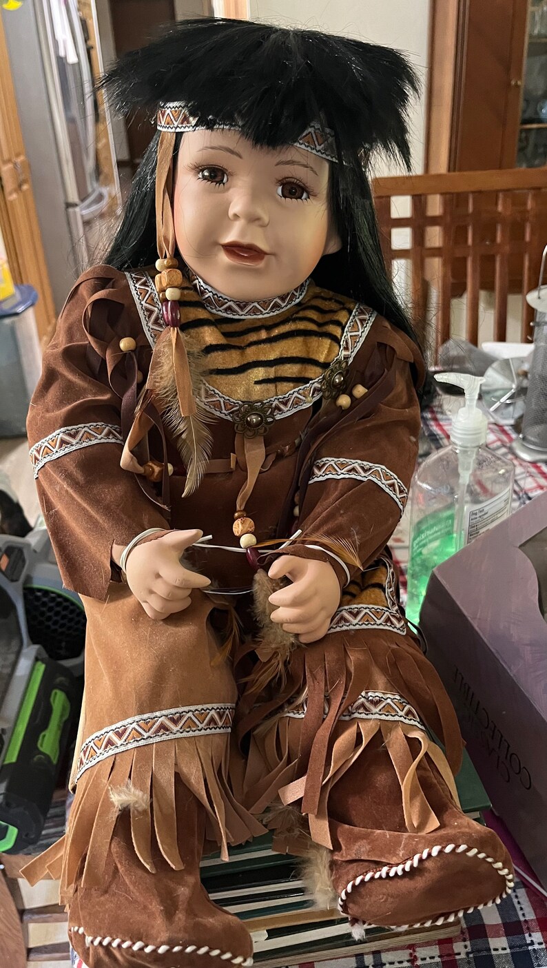 Classic Collectible Porcelain Doll Native American With Bow and Arrow