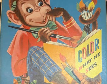 Vintage-Malbuch mit dem Titel „Winkie der Affe“, 1956, herausgegeben von Merrill Company Publishers