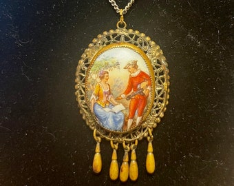Tschechoslowakei Filigree Emaille handgemaltes Porträt, Vintage Tschechische Messing emailliert Porzellan Halskette.