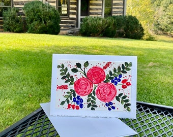 Hand-painted Red Floral Arrangement Original Watercolor Card, Handmade Blank Card