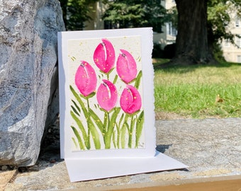 Hand-painted Pink Tulip Original Watercolor Card, Watercolor Flower Card, Handmade Blank Card