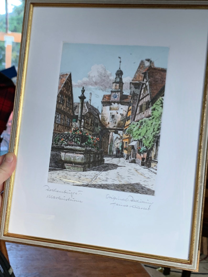 Rothenburg O.T. Germany Framed Radierung Heiner Krasser Original Etching Vintage