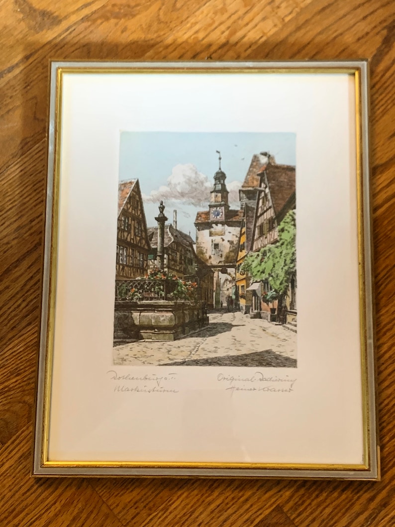 Rothenburg O.T. Germany Framed Radierung Heiner Krasser Original Etching Vintage