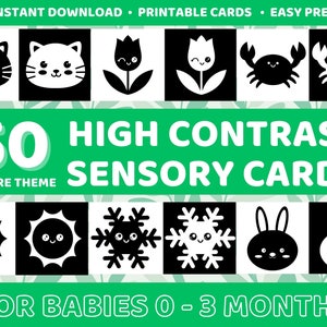 50 Nature High Contrast Baby Sensory Cards Printable, Black And White Flashcards, For 0-3 Months