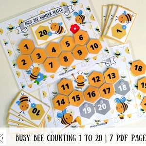 Counting Practice From 1 to 20 For Toddlers, Busy Bee Number Match, Preschool Printable