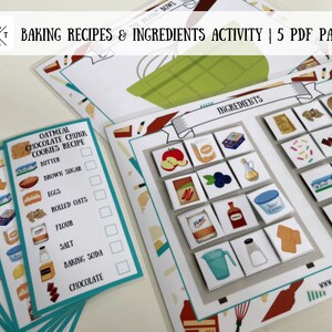 May include: A printable baking activity for kids. The activity includes a recipe card for oatmeal chocolate chunk cookies and a matching game with ingredients. The ingredients include butter, brown sugar, eggs, rolled oats, flour, salt, baking soda, and chocolate.