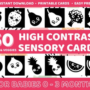 Fruits & Veggies High Contrast Baby Sensory Cards Printable, Black And White Flashcards, For 0-3 Months