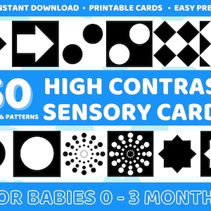 50 High Contrast Baby Sensory Cards Printable, Black And White Flashcards, For Newborns 0-3 Months