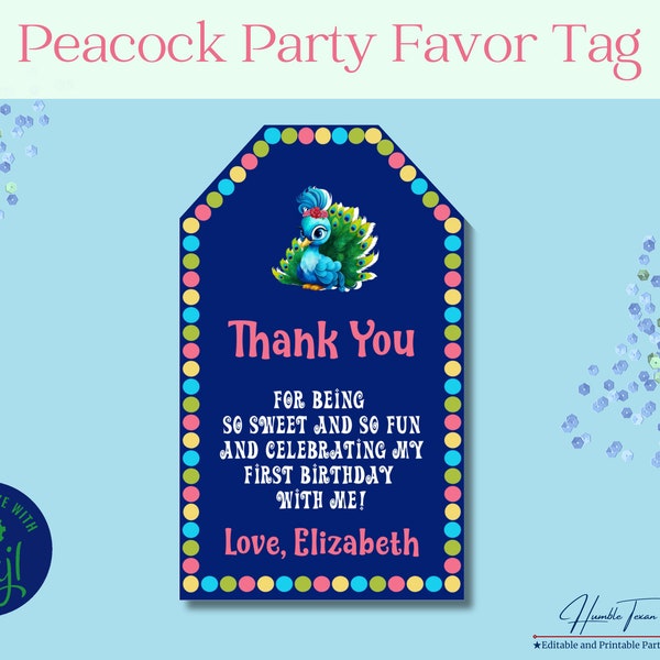 Peacock Birthday Party Favor Tags, First Birthday for Girl, Peacock Birthday Printables, Babys 1st Birthday, Thank You Tags, Gift Tag Labels