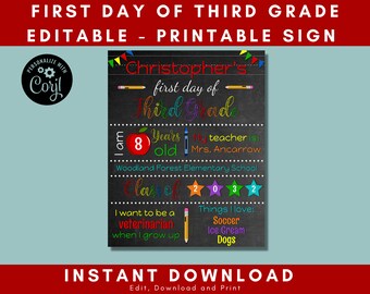 First Day of Third Grade Sign Printable, Editable Chalkboard, Personalized Grade Sign, Photo prop for kids, Back to School, Milestone Poster