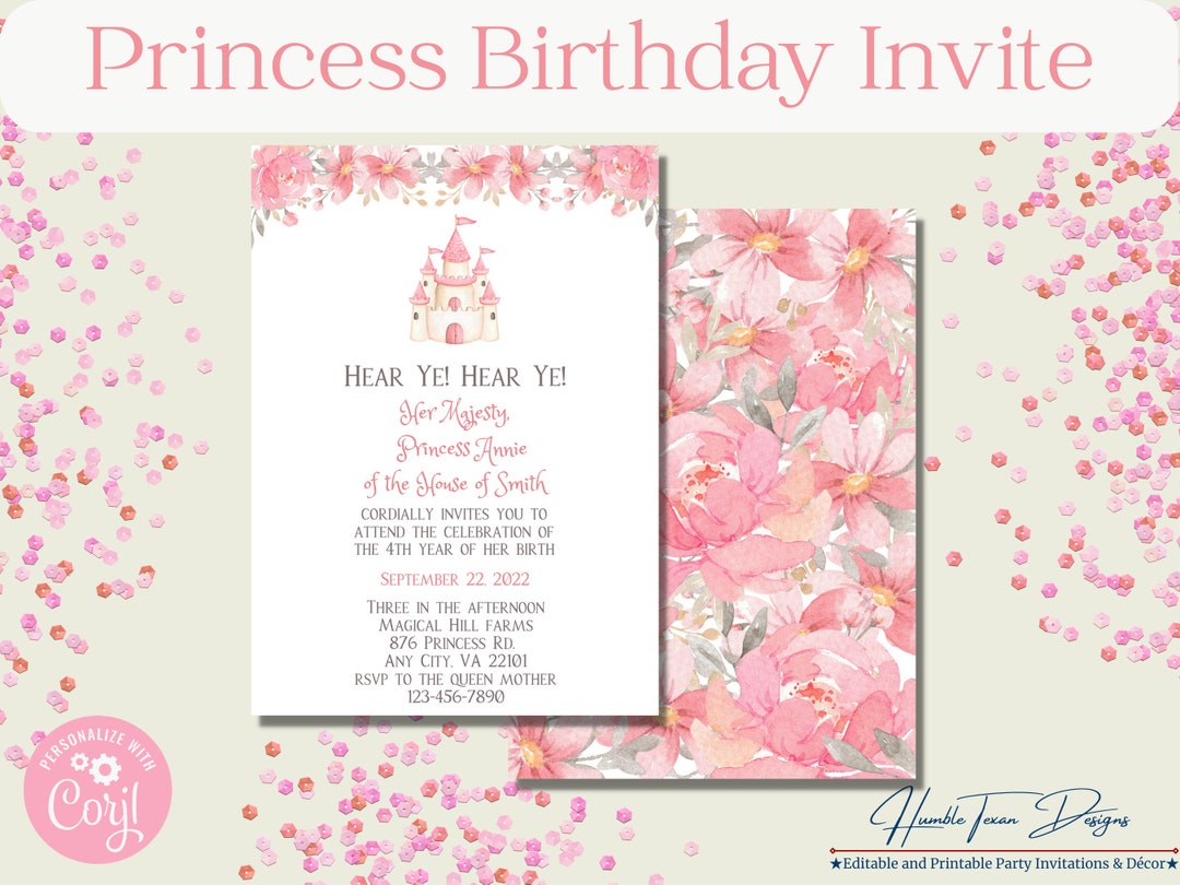 Princess Birthday Invitation Editable, Princess Party Printables, Princess Party Invite ...