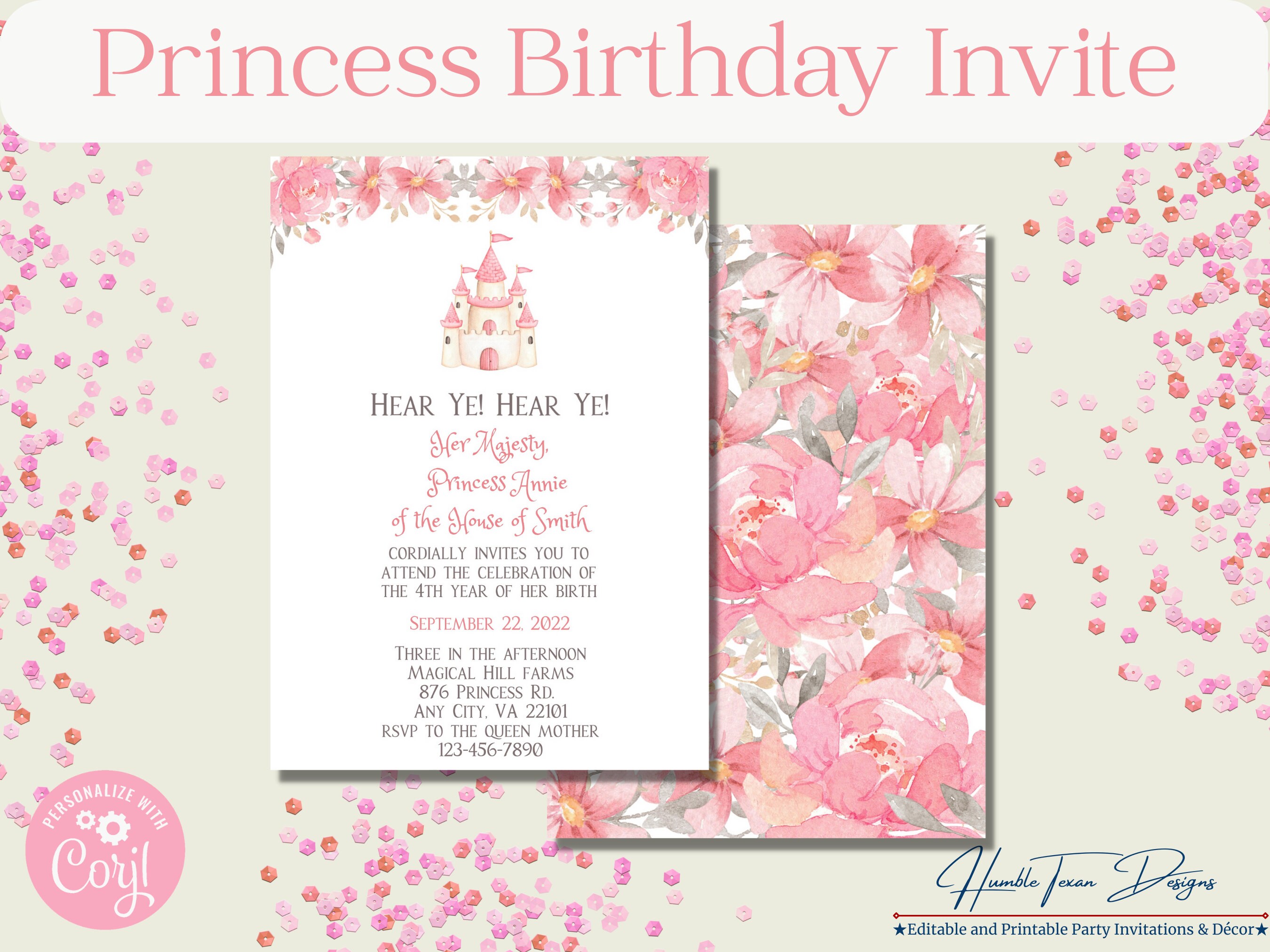 Princess Birthday Invitation Editable, Princess Party Printables, Princess Party Invite ...
