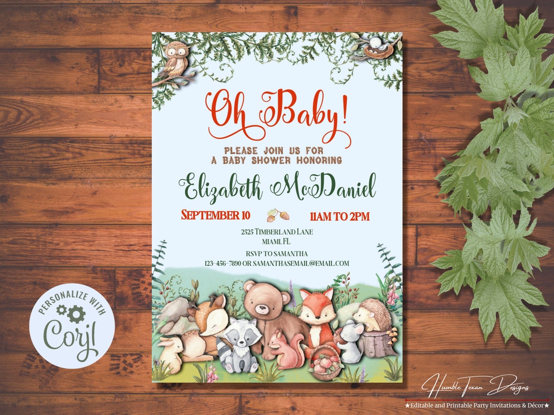 Oh Baby Editable Woodland Baby Shower Invitation Instant Download, Baby