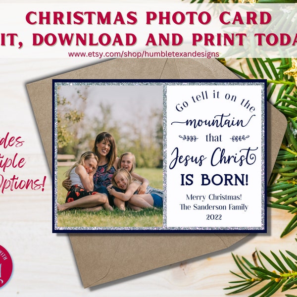 Go Tell It on the Mountain Christmas Card, Printable Christian Christmas Card, Family Holiday Photo Card Template, Multiple Photos, Instant