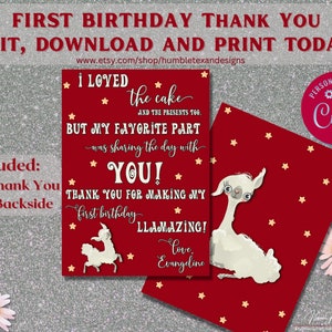 EDITABLE Llama First Birthday Thank You, Alpaca Birthday Party Printable, 1st Birthday for girl, for boy, Llama Fun, Personalized Templates