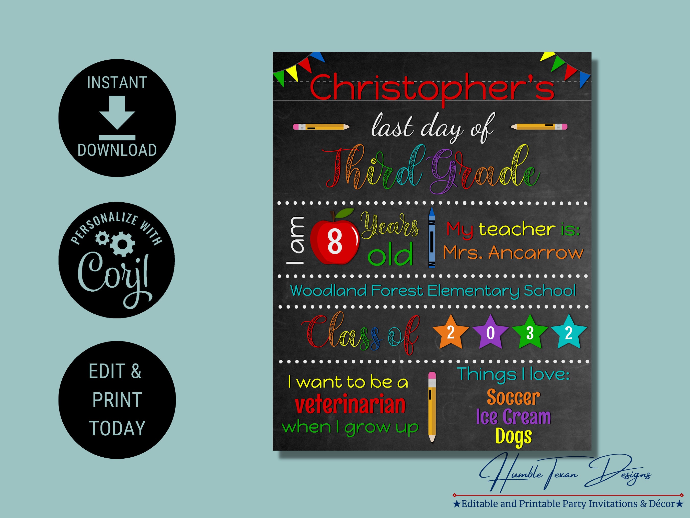 Editable Corjl Last Day of 3rd Grade Printable Sign Photo Prop ...